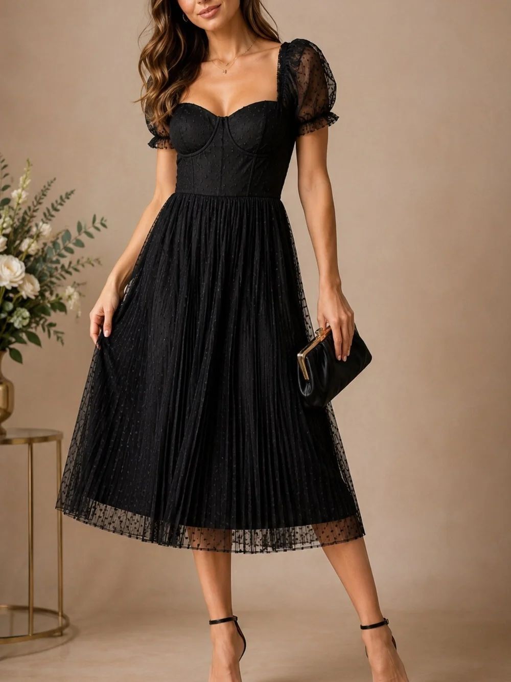 Lulus Black Swiss Dot Pleated Midi Dress XL Puff Sleeve Romantic Party NWT